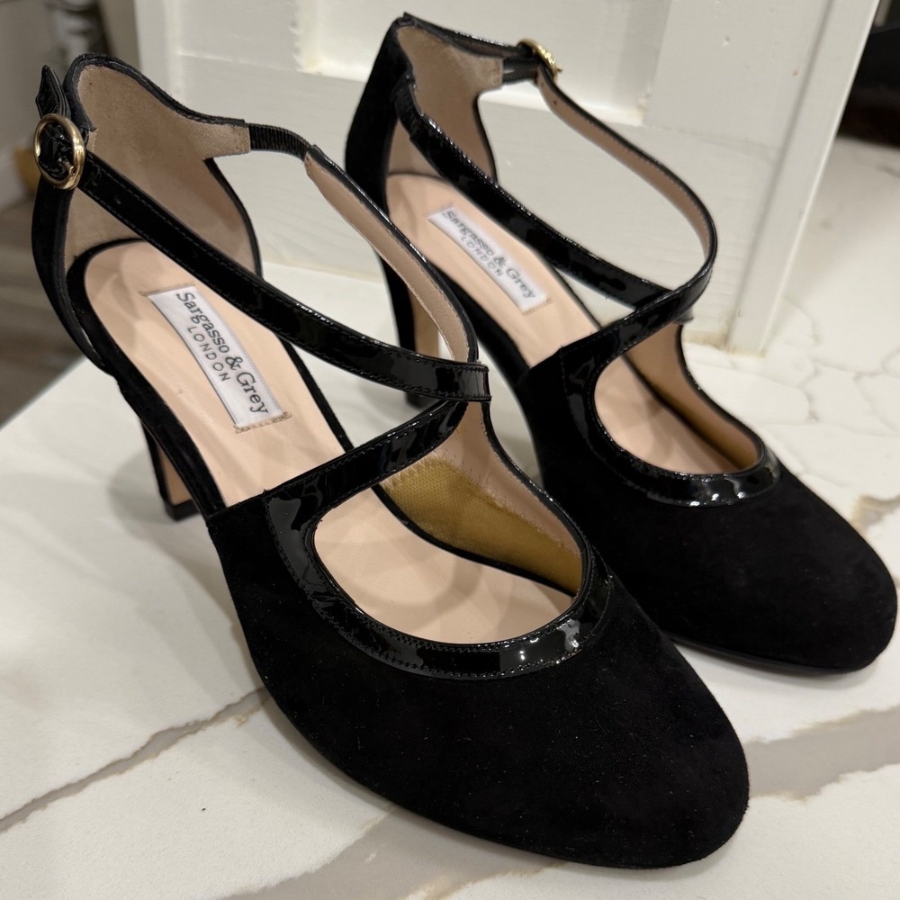 Sargasso & Grey London Black Suede T-Strap Heels Women US 6 EU 36 Spain NEW
